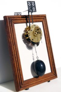 Art is just my pastime. | Clock mechanism, canvas, wood, marble, metal. | 24x9x37cm.